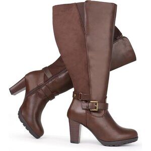 Women Brown Plus Size Extra Wide Calf High Heel Dress Boot With Ankle Buckle